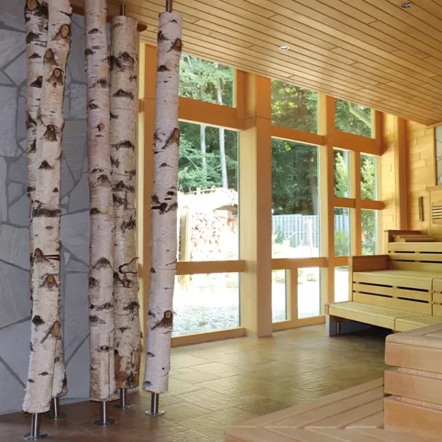 Birkensauna mit Birkenstämmen und hellem Holz
