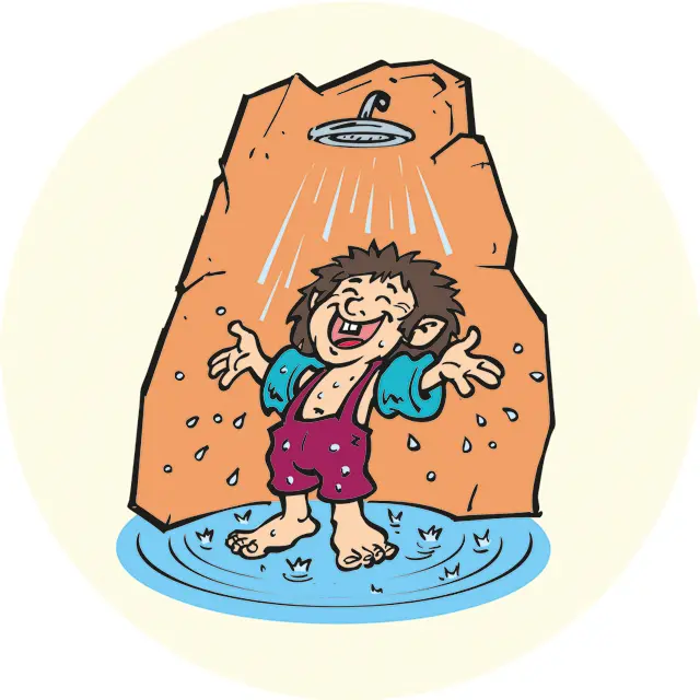 Gezeichneter Junge steht unter der Dusche