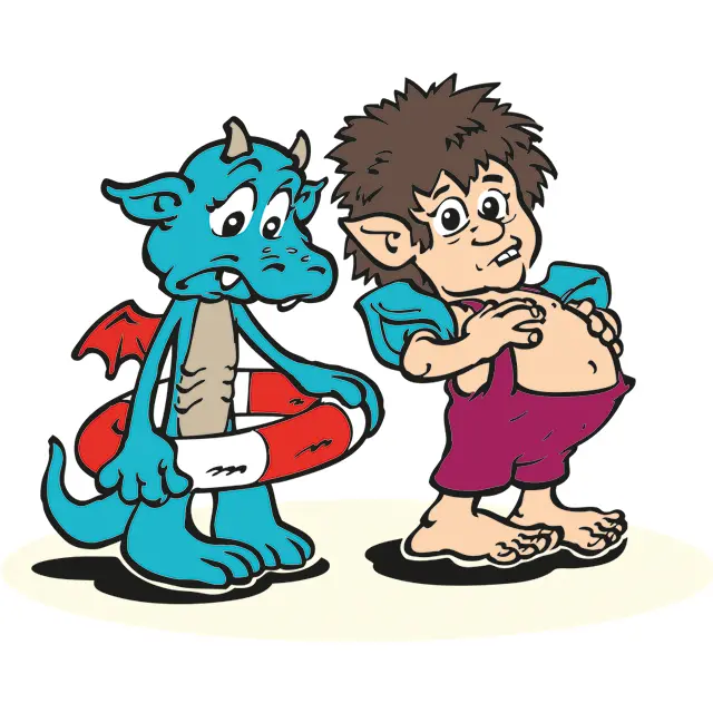 Gezeichneter Junge mit dicken gesättigtem Bauch und ein Drache mit dünnem hungrigen Bauch