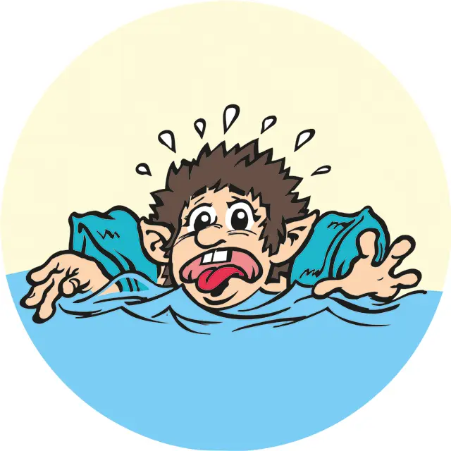 Gezeichneter Junge mit Schwimmflügeln im Wasser hat Angst