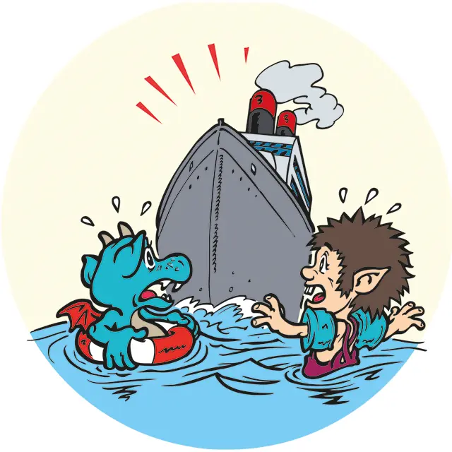 Gezeichneter Junge mit Drachen sind im Wasser und ein großes Dampfschiff kommt auf sie zu