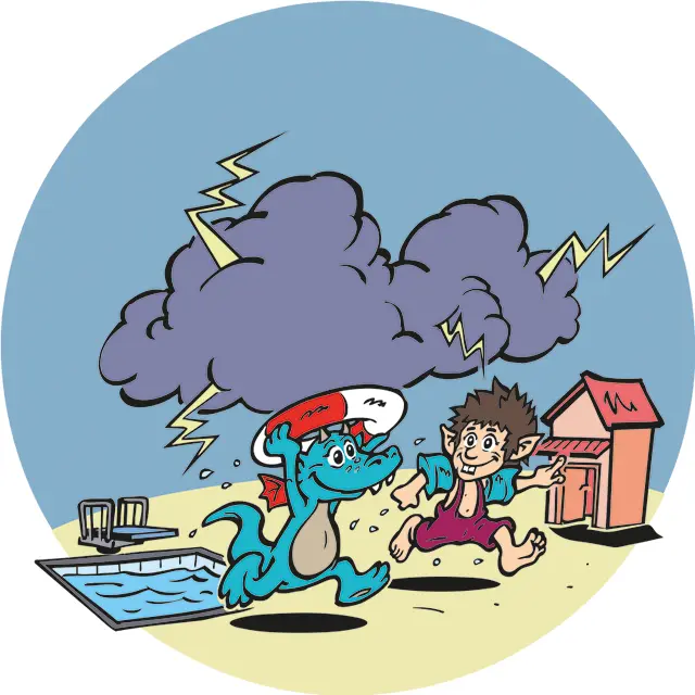 Gezeichneter Junge mit Drachen laufen vor einer Gewitterwolke weg