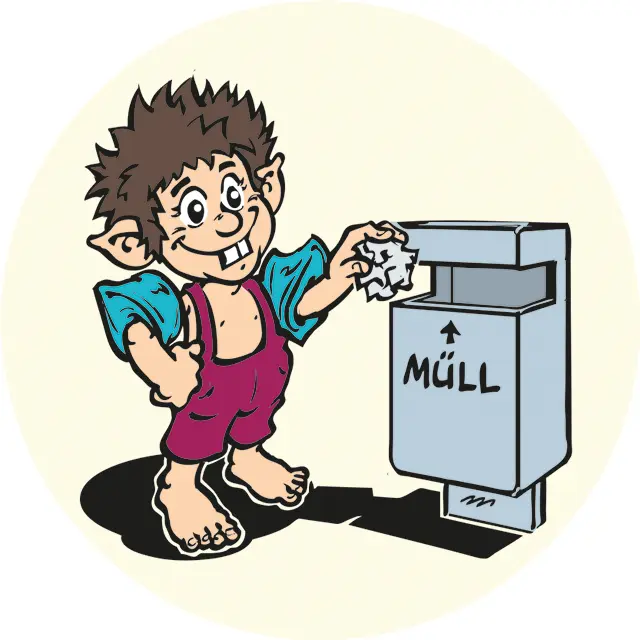 Gezeichneter Junge wirft Müll in den Mülleimer