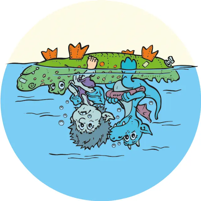 Gezeichneter Junge mit Drachen sind Kopfüber im Wasser auf einem Wasserlufttier