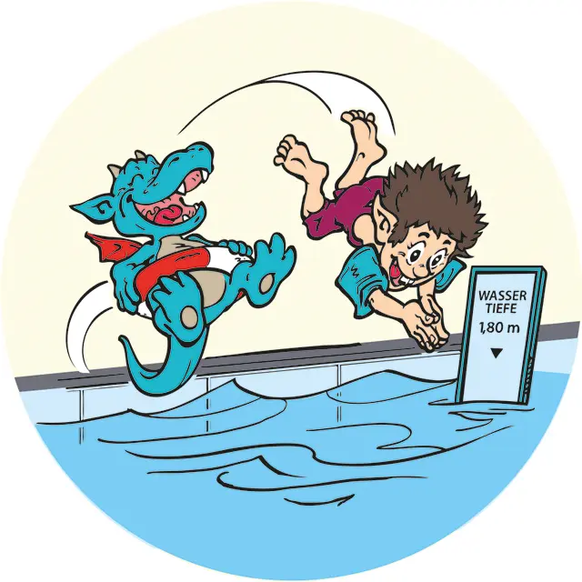 Gezeichneter Junge mit Drachen springen ins Becken
